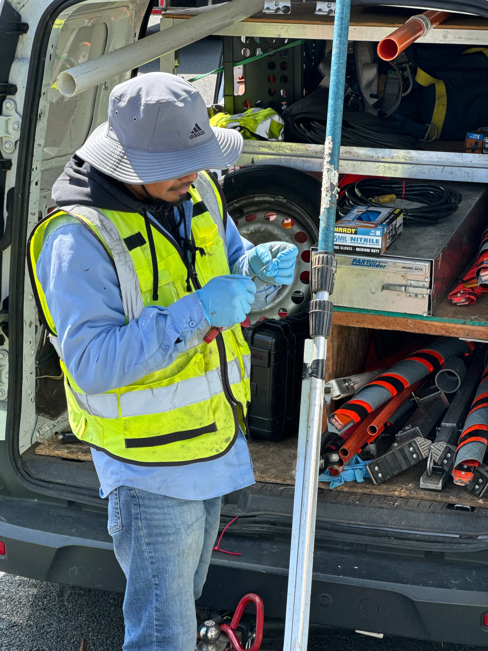 Field technician documenting sewer monitoring equipment for flow meter installation